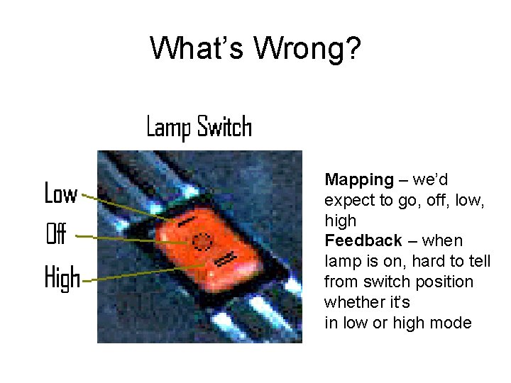 What’s Wrong? Mapping – we’d expect to go, off, low, high Feedback – when