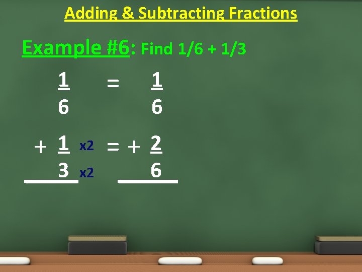 Adding & Subtracting Fractions Example #6: Find 1/6 + 1/3 1 = 1 6 Adding & Subtracting Fractions Example #6: Find 1/6 + 1/3 1 = 1 6
