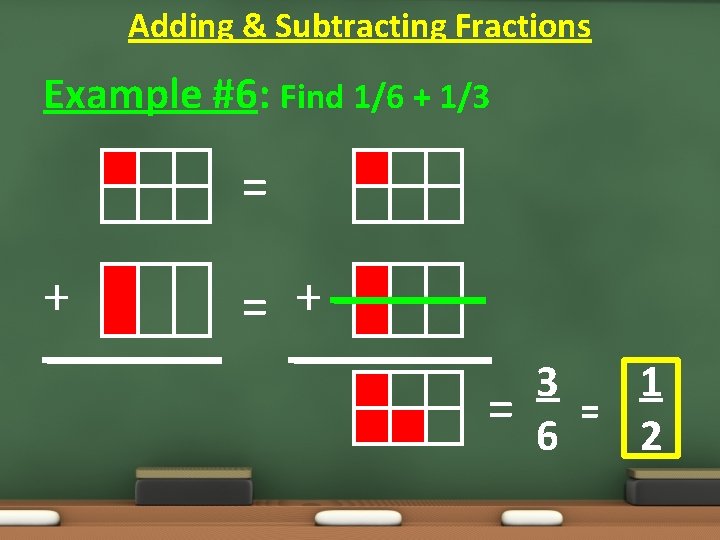 Adding & Subtracting Fractions Example #6: Find 1/6 + 1/3 = + = 3 Adding & Subtracting Fractions Example #6: Find 1/6 + 1/3 = + = 3