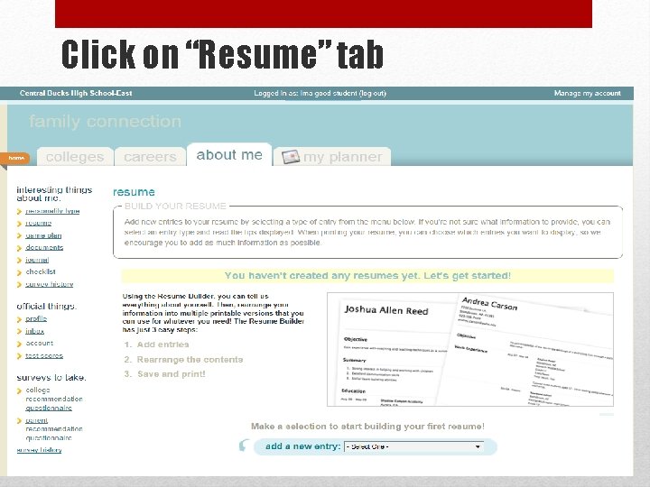 Click on “Resume” tab 