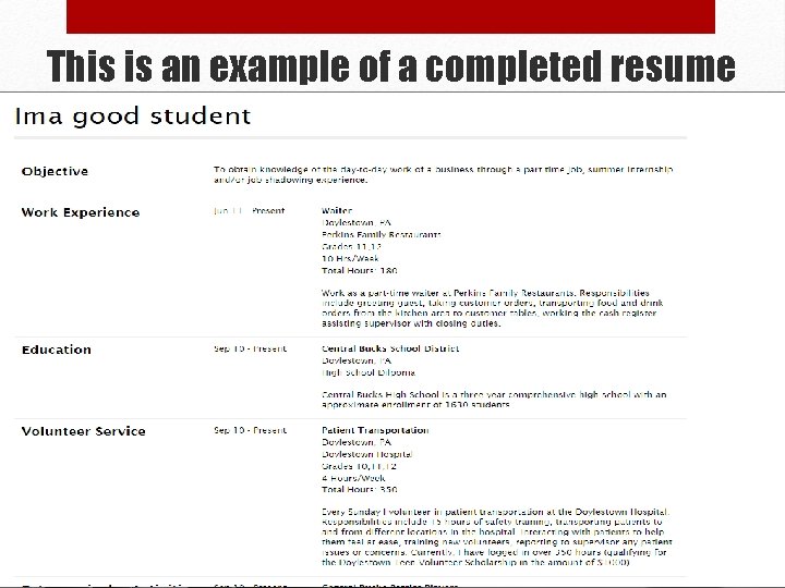 This is an example of a completed resume 