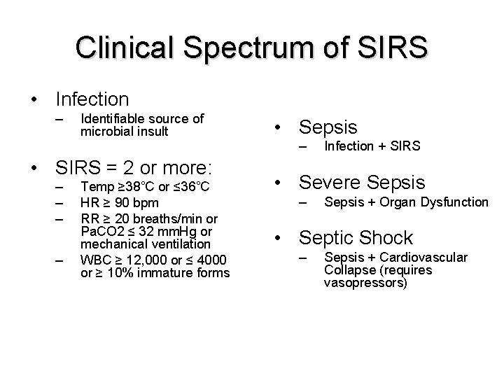 Clinical Spectrum of SIRS • Infection – Identifiable source of microbial insult • SIRS