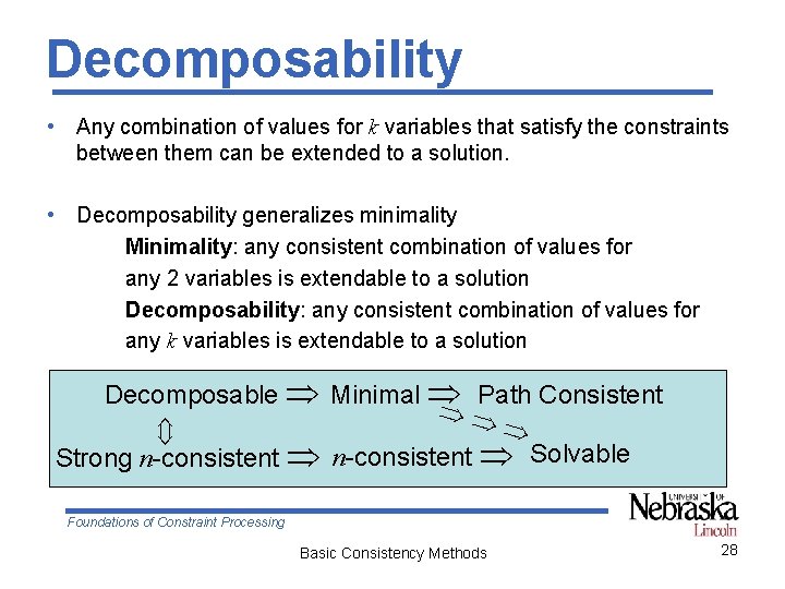 Decomposability • Any combination of values for k variables that satisfy the constraints between