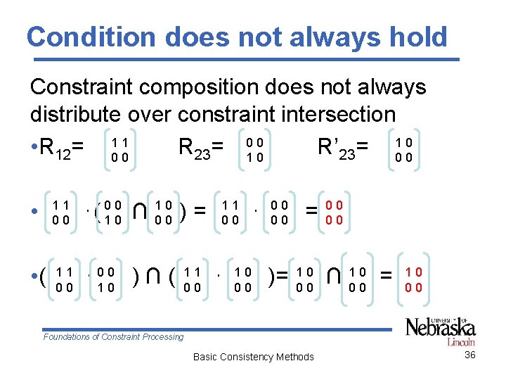 Condition does not always hold Constraint composition does not always distribute over constraint intersection