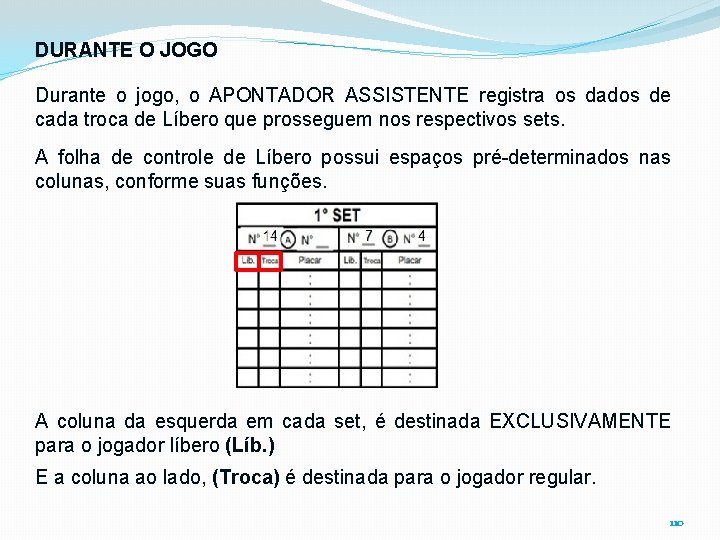 DURANTE O JOGO Durante o jogo, o APONTADOR ASSISTENTE registra os dados de cada