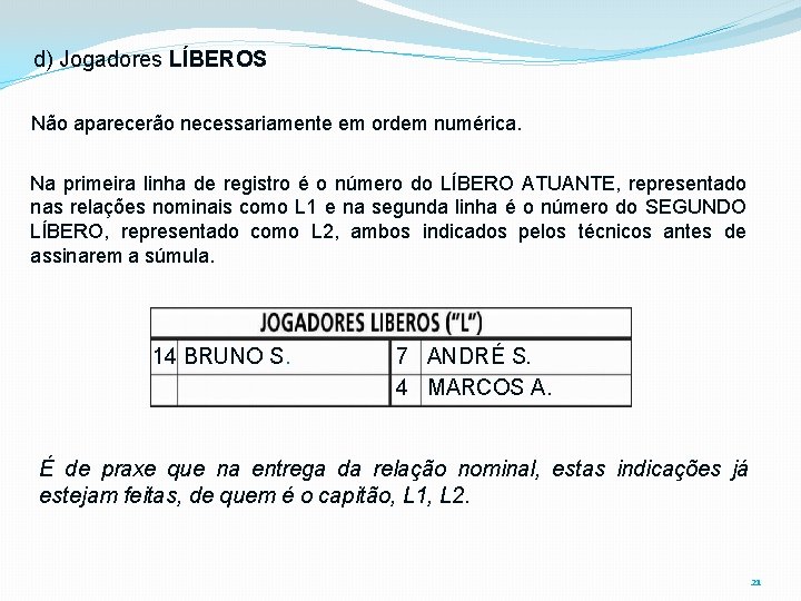 d) Jogadores LÍBEROS Não aparecerão necessariamente em ordem numérica. Na primeira linha de registro