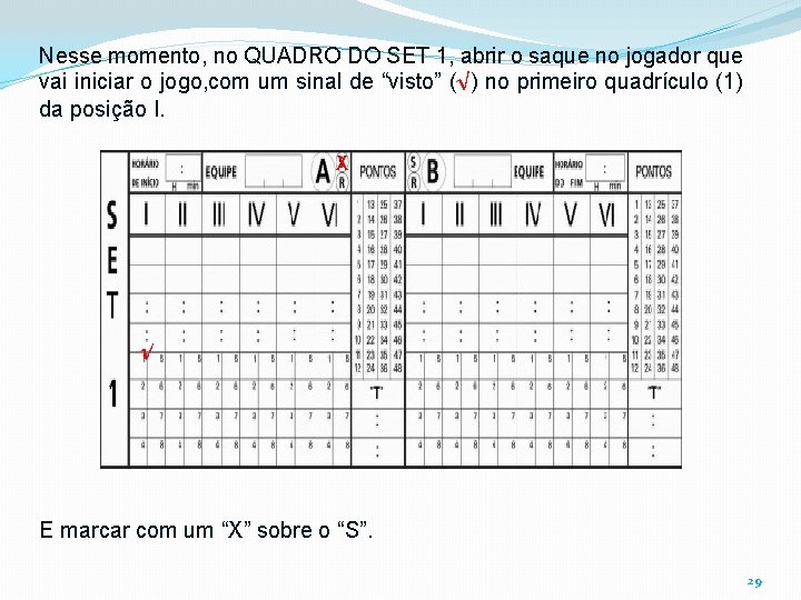 Nesse momento, no QUADRO DO SET 1, abrir o saque no jogador que vai