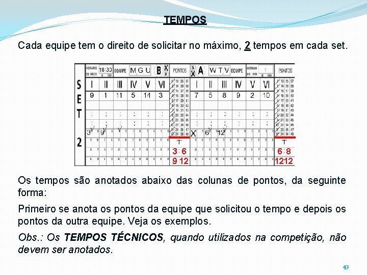 TEMPOS Cada equipe tem o direito de solicitar no máximo, 2 tempos em cada