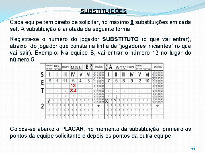 SUBSTITUIÇÕES Cada equipe tem direito de solicitar, no máximo 6 substituições em cada set.