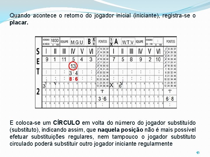 Quando acontece o retorno do jogador inicial (iniciante), registra-se o placar. 8 6 E