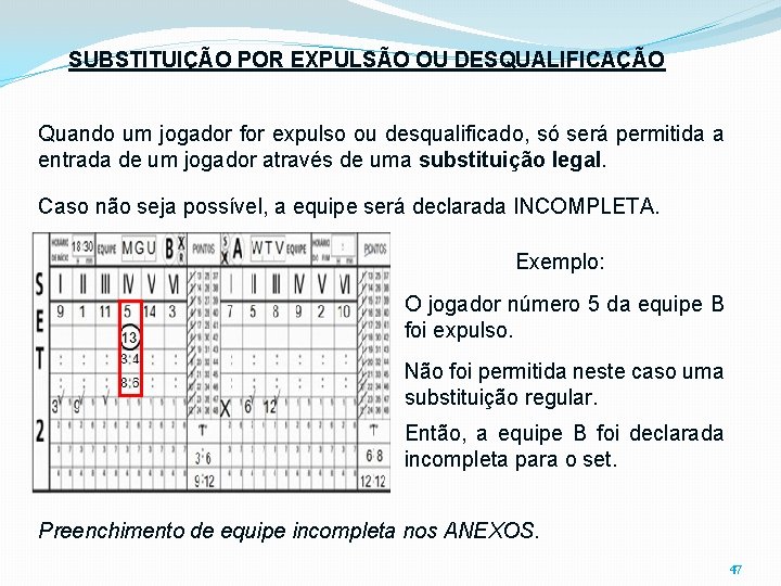 SUBSTITUIÇÃO POR EXPULSÃO OU DESQUALIFICAÇÃO Quando um jogador for expulso ou desqualificado, só será