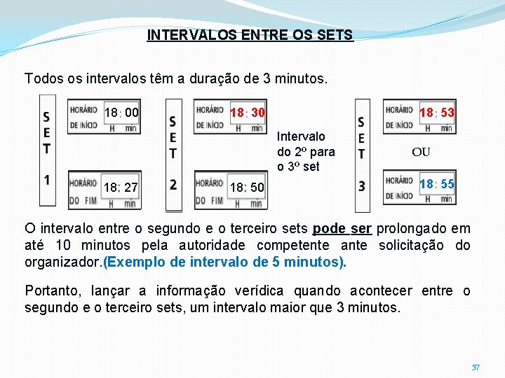 INTERVALOS ENTRE OS SETS Todos os intervalos têm a duração de 3 minutos. 18