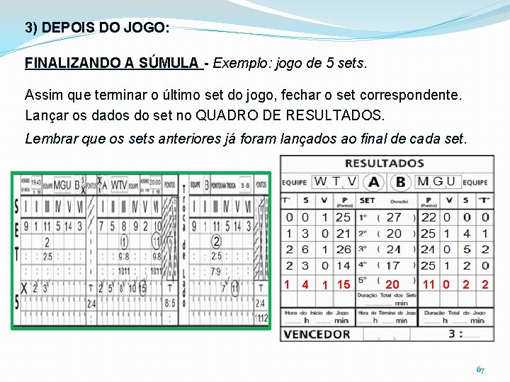 3) DEPOIS DO JOGO: FINALIZANDO A SÚMULA - Exemplo: jogo de 5 sets. Assim