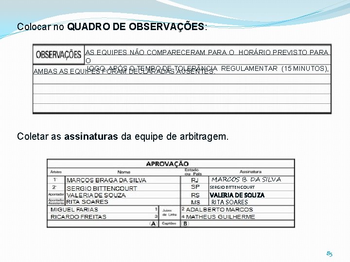 Colocar no QUADRO DE OBSERVAÇÕES: AS EQUIPES NÃO COMPARECERAM PARA O HORÁRIO PREVISTO PARA