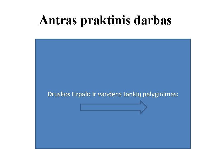 Antras praktinis darbas Druskos tirpalo ir vandens tankių palyginimas: 