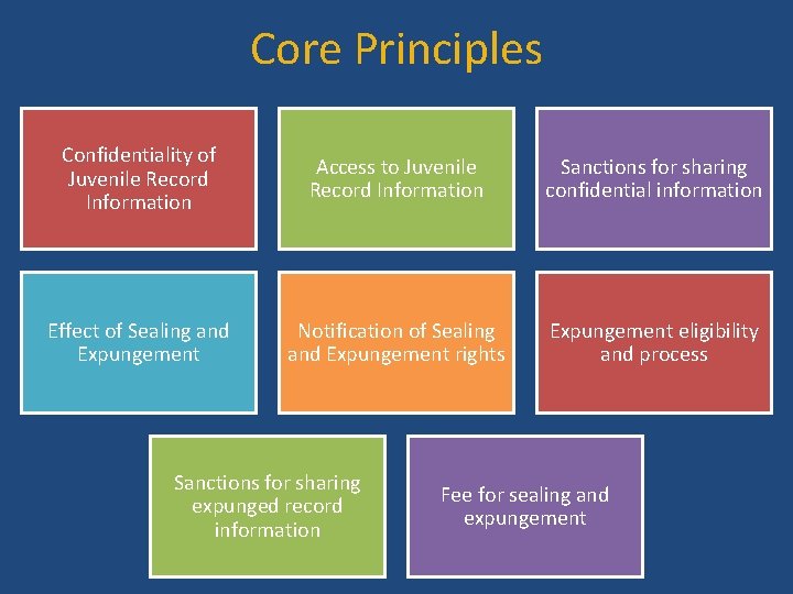 Core Principles Confidentiality of Juvenile Record Information Access to Juvenile Record Information Sanctions for