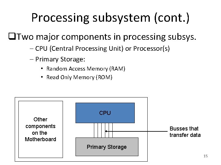 Processing subsystem (cont. ) q. Two major components in processing subsys. – CPU (Central