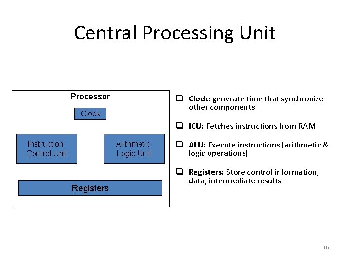 Central Processing Unit Processor q Clock: generate time that synchronize other components Clock q