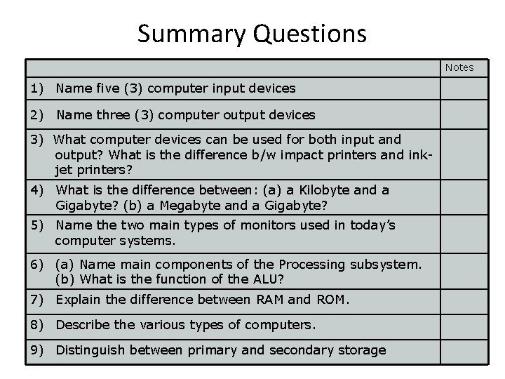 Summary Questions Notes 1) Name five (3) computer input devices 2) Name three (3)