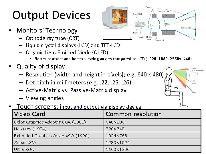Output Devices • Monitors’ Technology – Cathode ray tube (CRT) – Liquid crystal displays