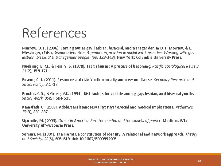 References Morrow, D. F. (2006). Coming out as gay, lesbian, bisexual, and transgender. In