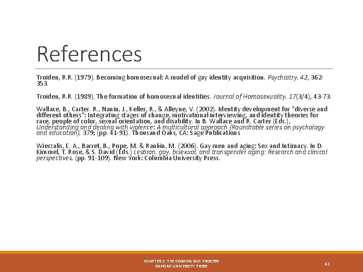 References Troiden, R. R. (1979). Becoming homosexual: A model of gay identity acquisition. Psychiatry,