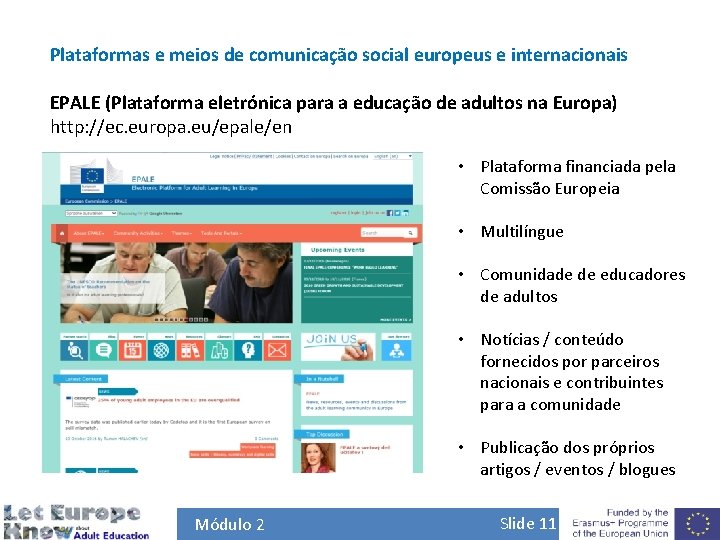 Plataformas e meios de comunicação social europeus e internacionais EPALE (Plataforma eletrónica para a