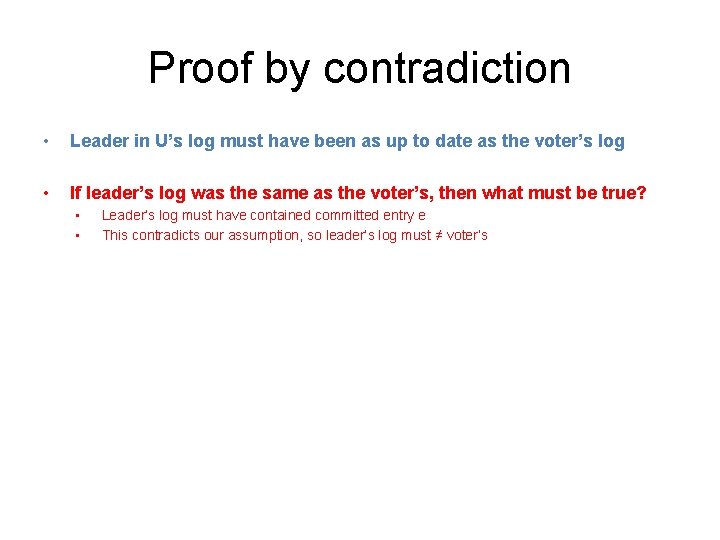 Proof by contradiction • Leader in U’s log must have been as up to