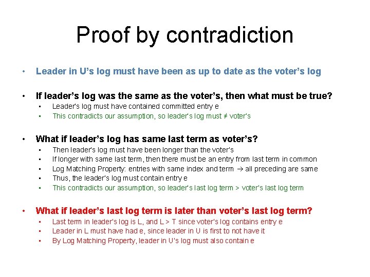 Proof by contradiction • Leader in U’s log must have been as up to