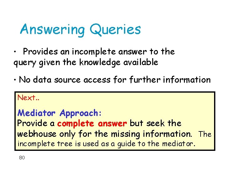 Answering Queries • Provides an incomplete answer to the query given the knowledge available
