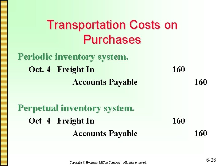 Transportation Costs on Purchases Periodic inventory system. Oct. 4 Freight In Accounts Payable 160