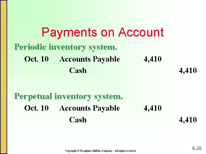 Payments on Account Periodic inventory system. Oct. 10 Accounts Payable Cash 4, 410 Perpetual