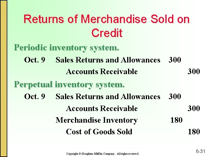 Returns of Merchandise Sold on Credit Periodic inventory system. Oct. 9 Sales Returns and