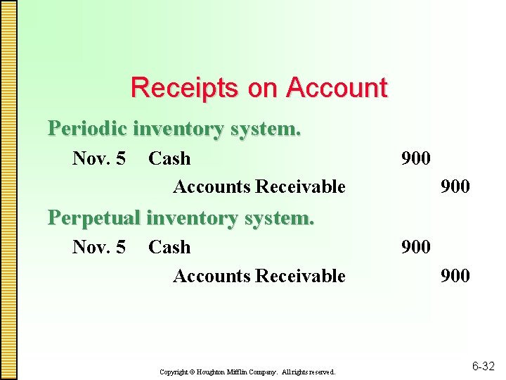 Receipts on Account Periodic inventory system. Nov. 5 Cash Accounts Receivable 900 Perpetual inventory