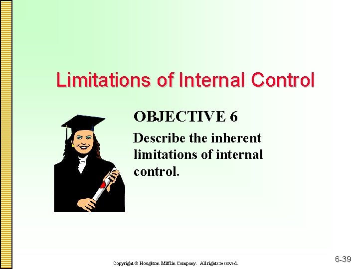 Limitations of Internal Control OBJECTIVE 6 Describe the inherent limitations of internal control. Copyright