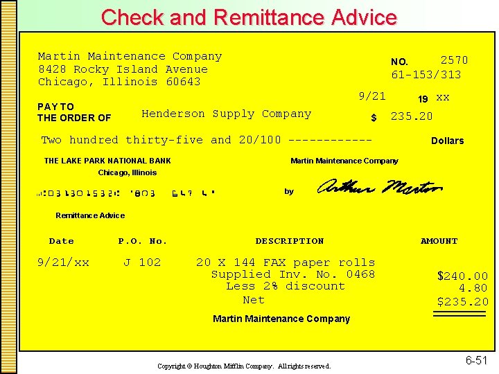 Check and Remittance Advice Martin Maintenance Company 8428 Rocky Island Avenue Chicago, Illinois 60643
