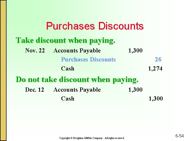 Purchases Discounts Take discount when paying. Nov. 22 Accounts Payable Purchases Discounts Cash 1,