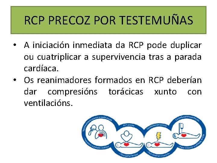 RCP PRECOZ POR TESTEMUÑAS • A iniciación inmediata da RCP pode duplicar ou cuatriplicar