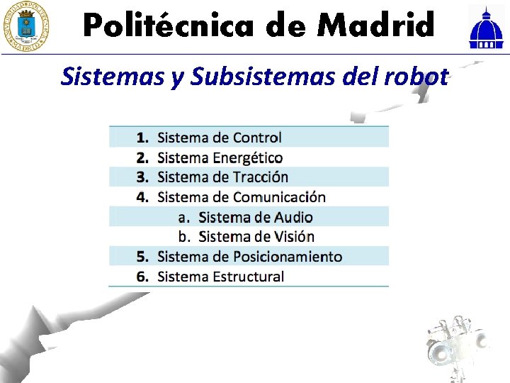 Politécnica de Madrid Sistemas y Subsistemas del robot 