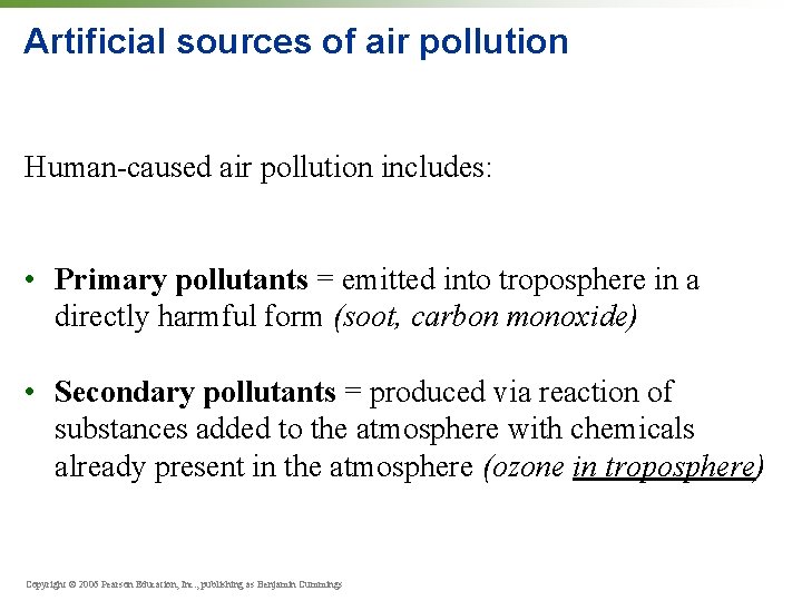 Artificial sources of air pollution Human-caused air pollution includes: • Primary pollutants = emitted