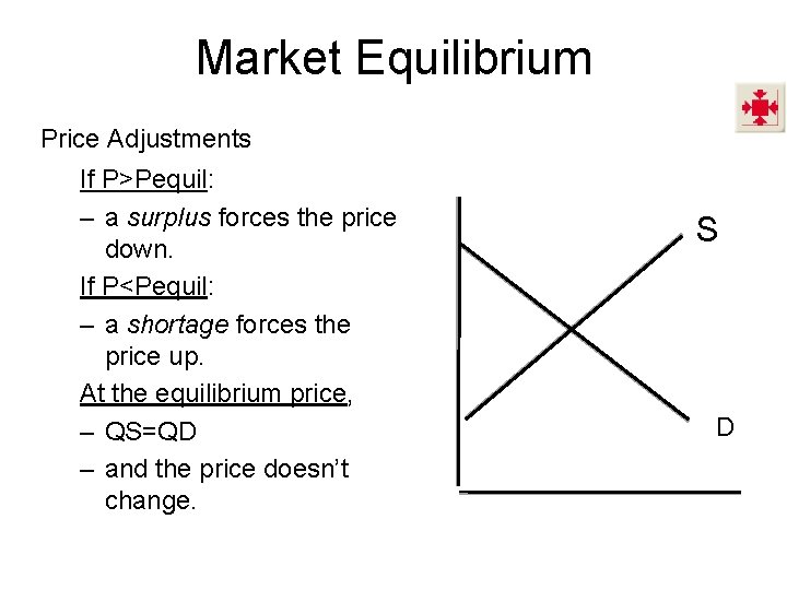 Market Equilibrium Price Adjustments If P>Pequil: – a surplus forces the price down. If