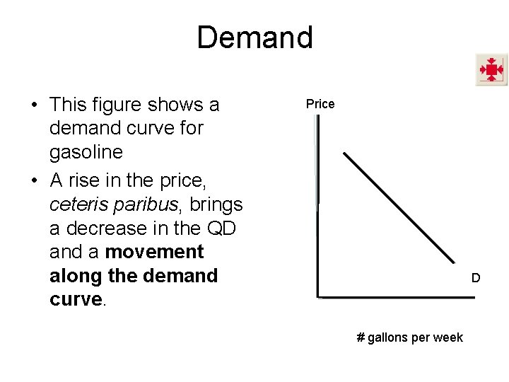 Demand • This figure shows a demand curve for gasoline • A rise in