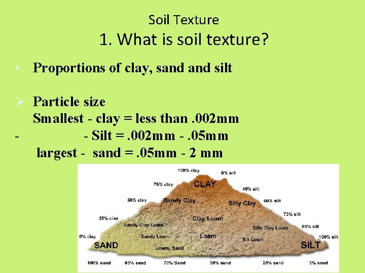 Soil Texture 1. What is soil texture? • Proportions of clay, sand silt Ø