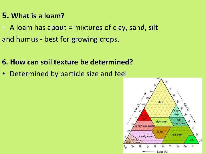 5. What is a loam? • A loam has about = mixtures of clay,