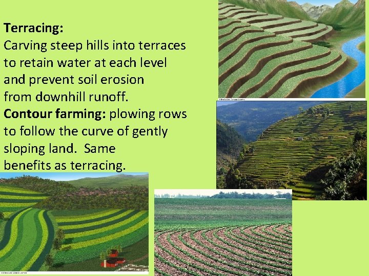Terracing: Carving steep hills into terraces to retain water at each level and prevent