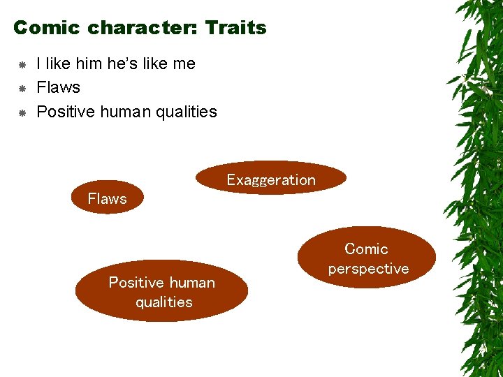 Comic character: Traits I like him he’s like me Flaws Positive human qualities Exaggeration