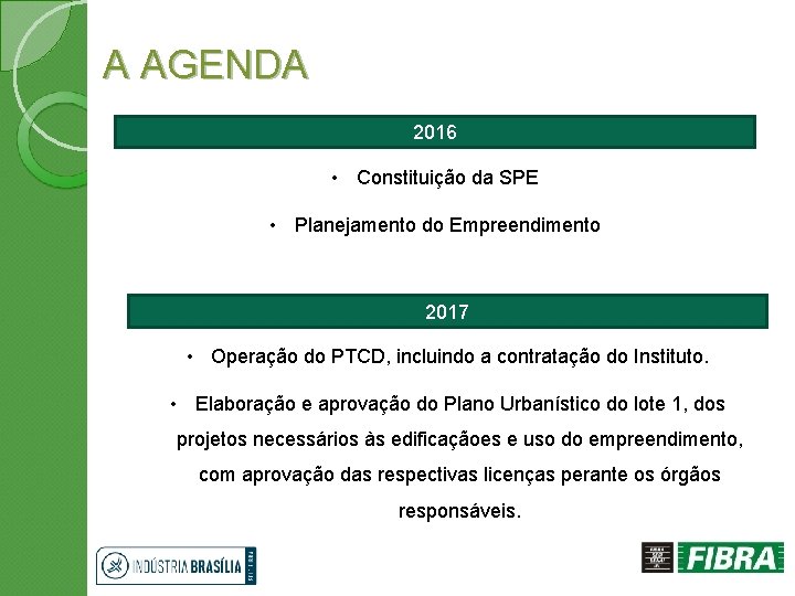 A AGENDA 2016 • Constituição da SPE • Planejamento do Empreendimento 2017 • Operação