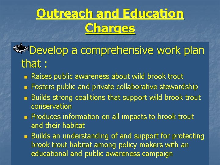 Outreach and Education Charges Develop a comprehensive work plan that : n n n