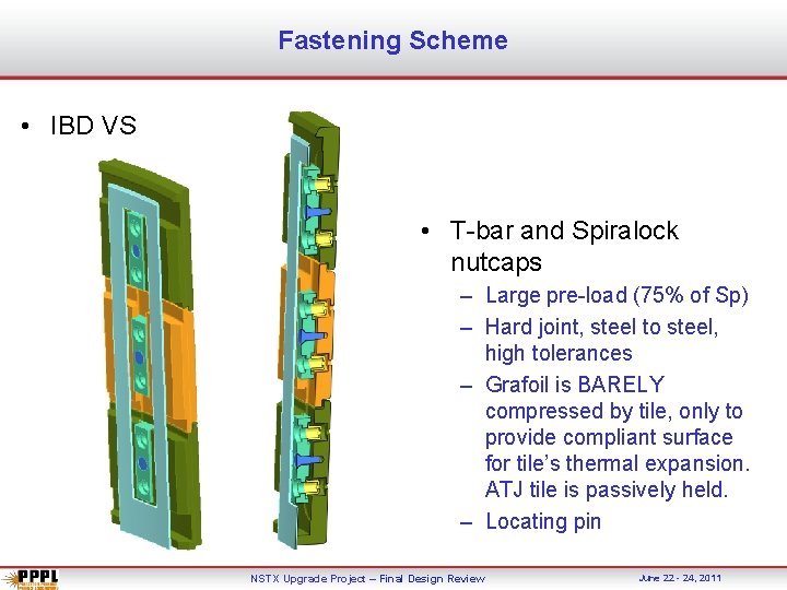 Fastening Scheme • IBD VS • T-bar and Spiralock nutcaps – Large pre-load (75%