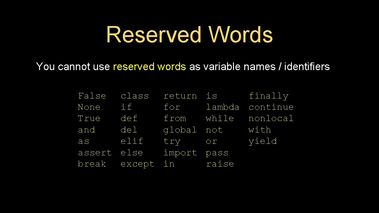 Reserved Words You cannot use reserved words as variable names / identifiers False None Reserved Words You cannot use reserved words as variable names / identifiers False None